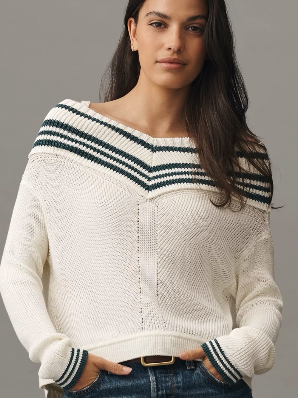 Maeve Cream Off-the-Shoulder Sweater with Navy Stripes